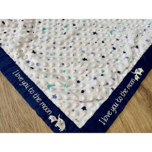 Just Born Baby Blanket Minky Dot Star Love You To Moon Satin Trim Elephant Blue